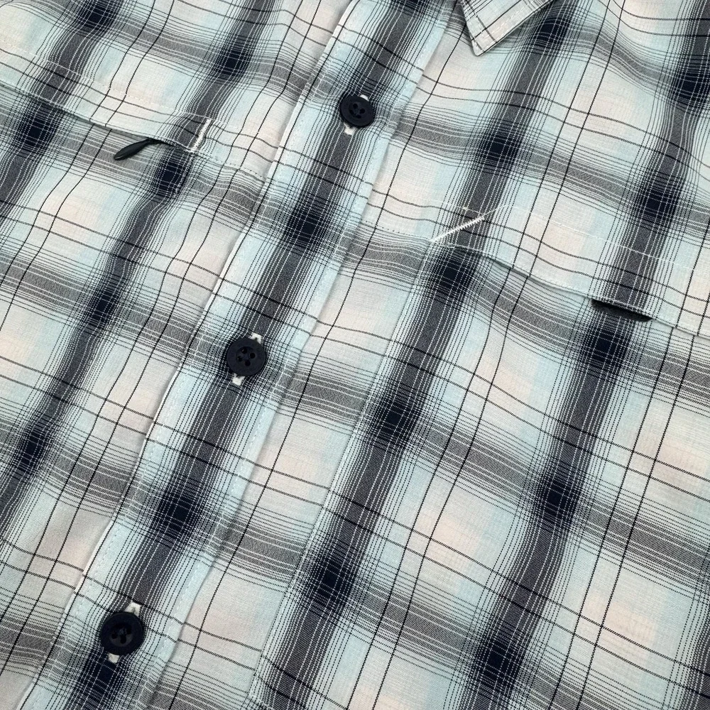 THE NORTH FACE‎ Mens short sleeve Modal blend zip BLUE plaid button shirt - L